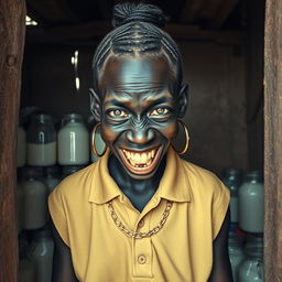 Inside a dilapidated shack filled with jars of milk, a unique scene unfolds featuring a very short, malnourished 19-year-old black African woman who appears as a dwarf
