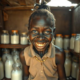 Inside a dilapidated shack filled with jars of milk, a unique scene unfolds featuring a very short, malnourished 19-year-old black African woman who appears as a dwarf