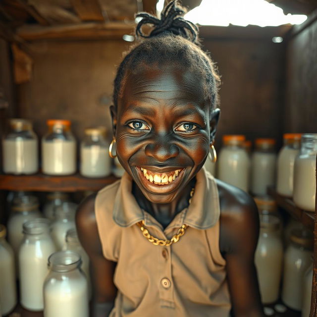 Inside a dilapidated shack filled with jars of milk, a unique scene unfolds featuring a very short, malnourished 19-year-old black African woman who appears as a dwarf