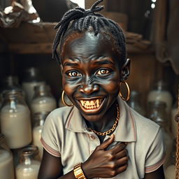Inside a dilapidated shack filled with jars of milk, a unique scene unfolds featuring a very short, malnourished 19-year-old black African woman who appears as a dwarf