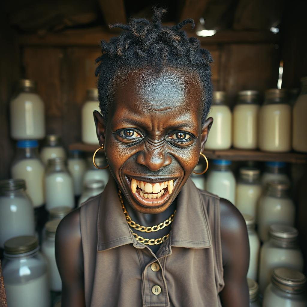Inside a dilapidated shack filled with jars of milk, a unique scene unfolds featuring a very short, malnourished 19-year-old black African woman who appears as a dwarf