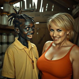 Inside a rundown shack filled with jars of milk, a captivating scene features a very short, malnourished 19-year-old black African woman with deep black skin