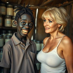 Inside a rundown shack filled with jars of milk, a captivating scene features a very short, malnourished 19-year-old black African woman with deep black skin