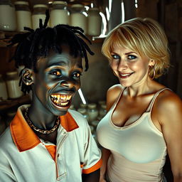 Inside a rundown shack filled with jars of milk, a captivating scene features a very short, malnourished 19-year-old black African woman with deep black skin