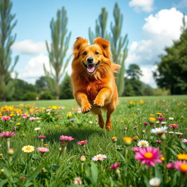 A playful red dog frolicking in a lush green park, surrounded by colorful wildflowers