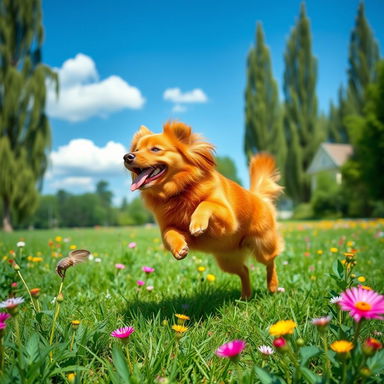 A playful red dog frolicking in a lush green park, surrounded by colorful wildflowers