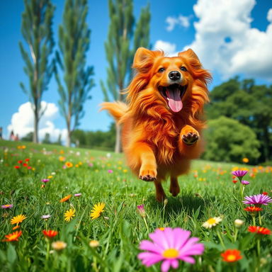 A playful red dog frolicking in a lush green park, surrounded by colorful wildflowers