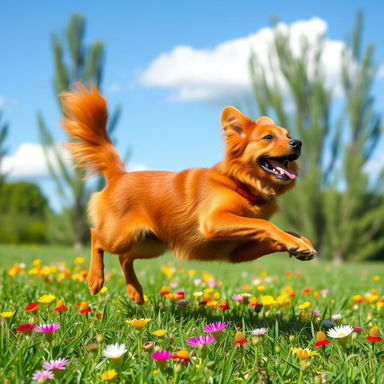 A playful red dog frolicking in a lush green park, surrounded by colorful wildflowers