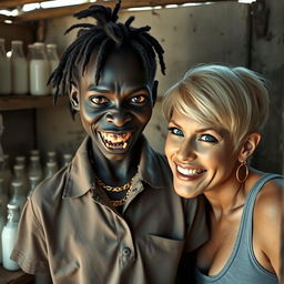 Inside a rundown shack filled with baby bottles of milk, a dramatic scene depicts a 20-year-old black African woman who is very short and malnourished
