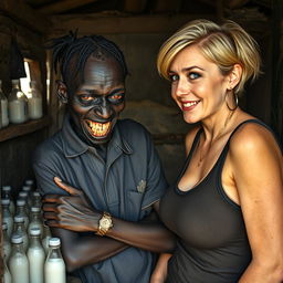 Inside a rundown shack filled with baby bottles of milk, a dramatic scene depicts a 20-year-old black African woman who is very short and malnourished