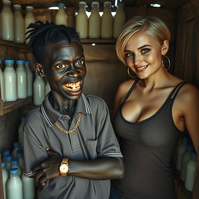 Inside a rundown shack filled with baby bottles of milk, a dramatic scene depicts a 20-year-old black African woman who is very short and malnourished