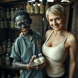 Inside a rundown shack filled with baby bottles of milk, a striking scene features a 20-year-old black African woman who is very short and malnourished, with deep black skin that conveys a sinister vibe