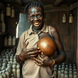 Inside a rundown shack filled with baby bottles of milk, a striking scene features a 20-year-old black African woman who is very short and malnourished, with deep black skin that conveys a sinister vibe