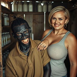 Inside a rundown shack filled with baby bottles of milk, a striking scene features a 20-year-old black African woman who is very short and malnourished, with deep black skin that conveys a sinister vibe