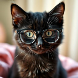 A cute black cat wearing stylish eyeglasses, sitting with an endearing expression