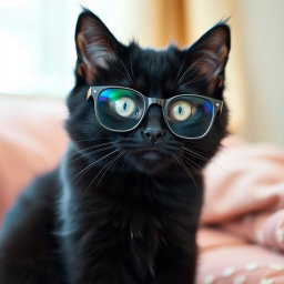 A cute black cat wearing stylish eyeglasses, sitting with an endearing expression