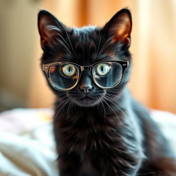 A cute black cat wearing stylish eyeglasses, sitting with an endearing expression