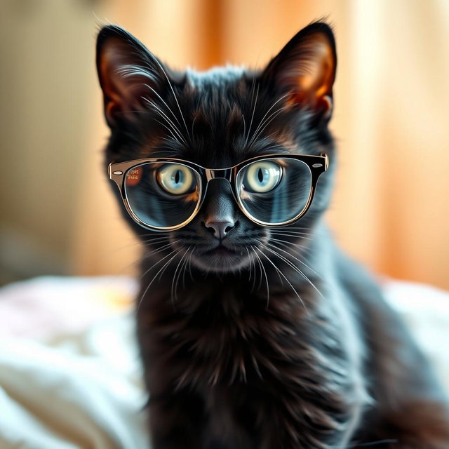 A cute black cat wearing stylish eyeglasses, sitting with an endearing expression