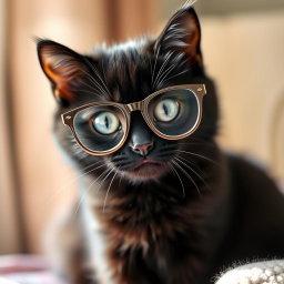 A cute black cat wearing stylish eyeglasses, sitting with an endearing expression
