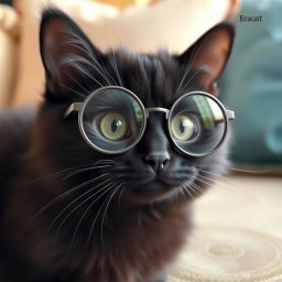 A cute black cat with round glasses, showcasing a charming and whimsical personality