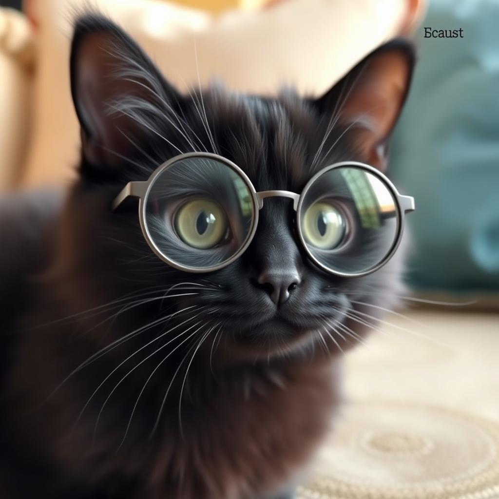 A cute black cat with round glasses, showcasing a charming and whimsical personality