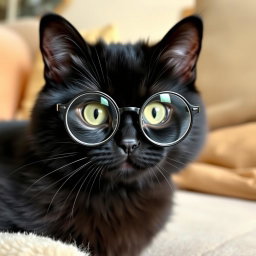 A cute black cat with round glasses, showcasing a charming and whimsical personality