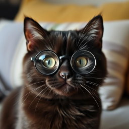 A cute black cat with round glasses, showcasing a charming and whimsical personality