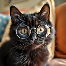 A cute black cat with round glasses, showcasing a charming and whimsical personality