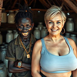 In a makeshift hut filled with jars of milk, a young African woman, very short and malnourished, around 20 years old with very dark skin exuding a menacing vibe, features rotten and monstrous teeth, bulging eyes, wearing an oversized men's polo shirt, sporting dreadlocks tied in a small ponytail, a gold watch, a thick hip-hop style gold chain, appearing as a beggar