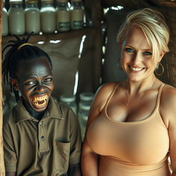 In a makeshift hut filled with jars of milk, a young African woman, very short and malnourished, around 20 years old with very dark skin exuding a menacing vibe, features rotten and monstrous teeth, bulging eyes, wearing an oversized men's polo shirt, sporting dreadlocks tied in a small ponytail, a gold watch, a thick hip-hop style gold chain, appearing as a beggar