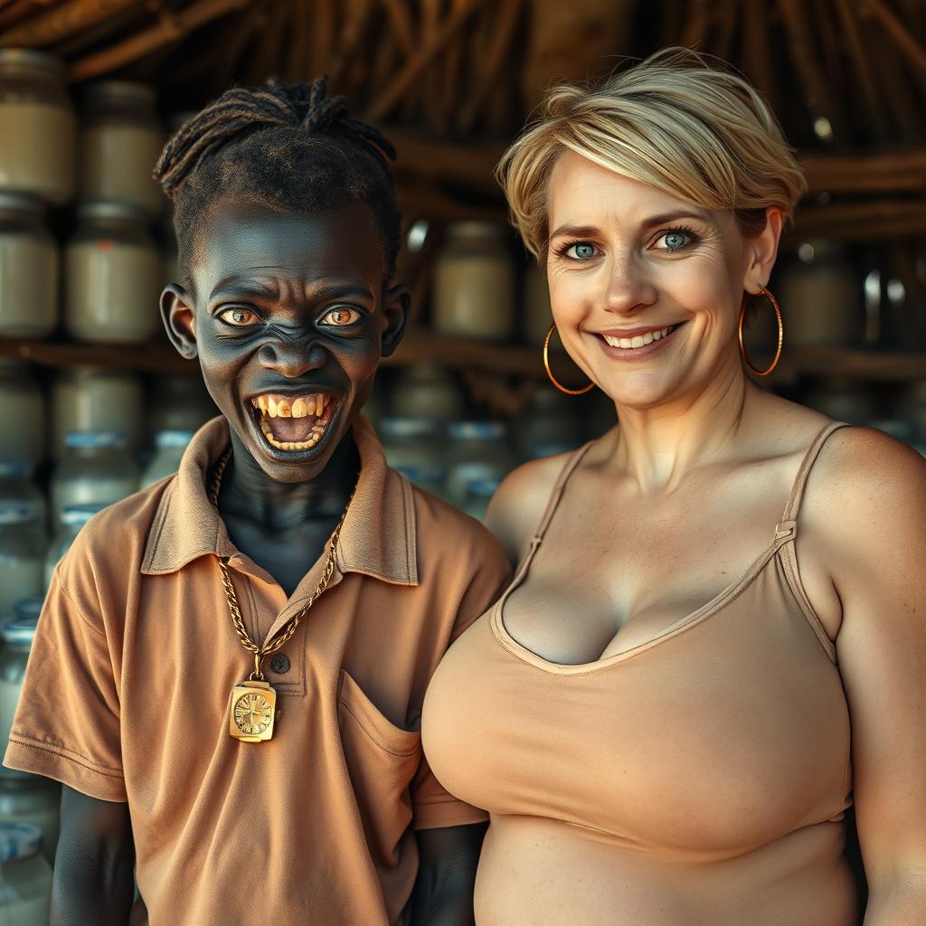 In a makeshift hut filled with jars of milk, a young African woman, very short and malnourished, around 20 years old with very dark skin exuding a menacing vibe, features rotten and monstrous teeth, bulging eyes, wearing an oversized men's polo shirt, sporting dreadlocks tied in a small ponytail, a gold watch, a thick hip-hop style gold chain, appearing as a beggar