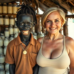In a makeshift hut filled with jars of milk, a young African woman, very short and malnourished, around 20 years old with very dark skin exuding a menacing vibe, features rotten and monstrous teeth, bulging eyes, wearing an oversized men's polo shirt, sporting dreadlocks tied in a small ponytail, a gold watch, a thick hip-hop style gold chain, appearing as a beggar