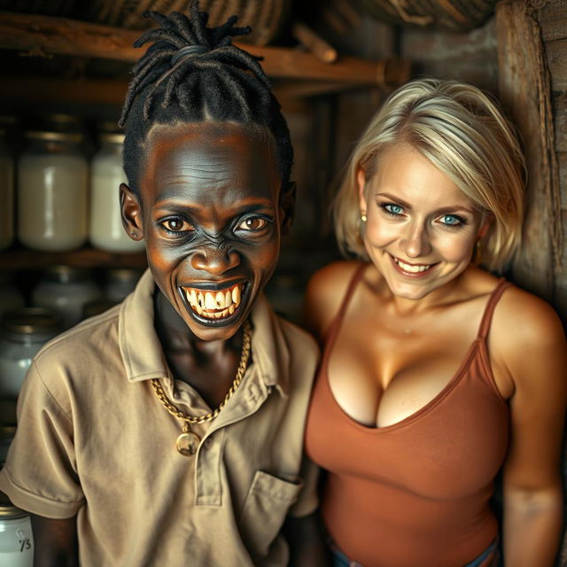 Inside a makeshift hut filled with jars of milk, a young, very short, malnourished African woman, around 20 years old with very dark skin, exuding a sinister presence, displaying rotten and monstrous teeth, and bulging eyes