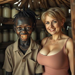 Inside a makeshift hut filled with jars of milk, a young, very short, malnourished African woman, around 20 years old with very dark skin, exuding a sinister presence, displaying rotten and monstrous teeth, and bulging eyes