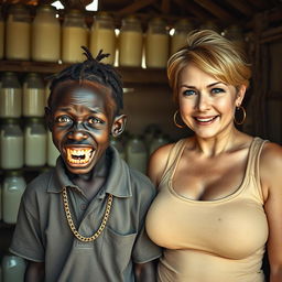 Inside a makeshift hut filled with jars of milk, a young, very short, malnourished African woman around 20 years old stands with very dark skin, menacingly displaying rotten, monstrous teeth and bulging eyes