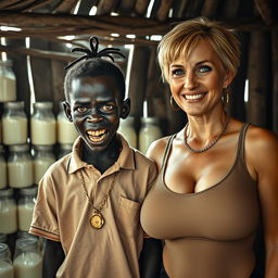 Inside a makeshift hut filled with jars of milk, a young, very short, malnourished African woman around 20 years old stands with very dark skin, menacingly displaying rotten, monstrous teeth and bulging eyes