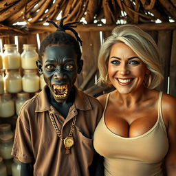 Inside a makeshift hut filled with jars of milk, a young, very short, malnourished African woman around 20 years old stands with very dark skin, menacingly displaying rotten, monstrous teeth and bulging eyes