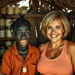 Inside a makeshift hut filled with jars of milk, a young, very short, malnourished African woman around 20 years old stands, her very dark skin giving her a menacing appearance