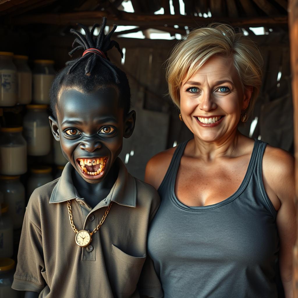 Inside a makeshift hut filled with jars of milk, a young, very short, malnourished African woman around 20 years old stands, her very dark skin giving her a menacing appearance