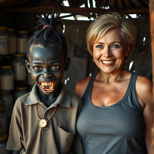 Inside a makeshift hut filled with jars of milk, a young, very short, malnourished African woman around 20 years old stands, her very dark skin giving her a menacing appearance