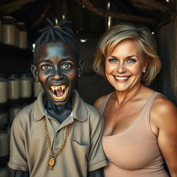 Inside a makeshift hut filled with jars of milk, a young, very short, malnourished African woman around 20 years old stands, her very dark skin giving her a menacing appearance