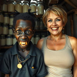 Inside a makeshift hut filled with jars of milk, a young, very short, malnourished African woman around 20 years old stands, her very dark skin giving her a menacing appearance