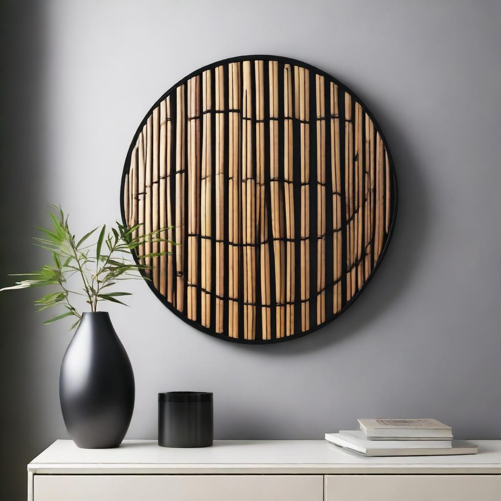 An arresting piece of round wall art, masterfully crafted from sleek black bamboo, creating a captivating silhouette against a contrasting light wall.