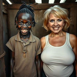 Inside an old shanty, a young, very short, malnourished African woman, about 20 years old with very dark skin, presents a sinister look, showing rotten and monstrous teeth along with bulging eyes