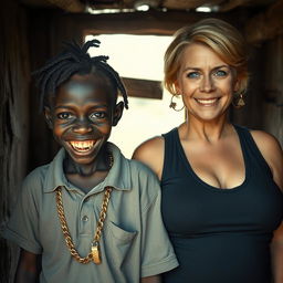 Inside an old shanty, a young, very short, malnourished African woman, about 20 years old with very dark skin, presents a sinister look, showing rotten and monstrous teeth along with bulging eyes