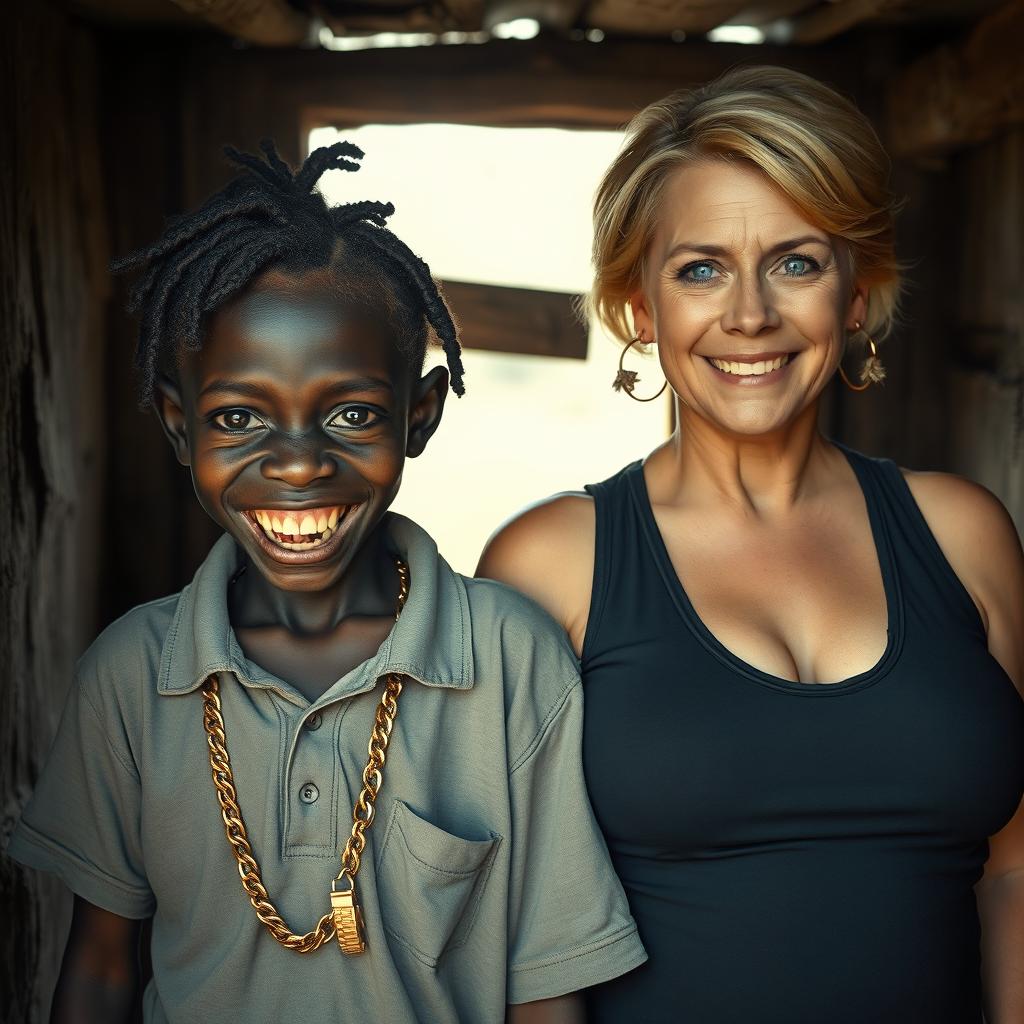 Inside an old shanty, a young, very short, malnourished African woman, about 20 years old with very dark skin, presents a sinister look, showing rotten and monstrous teeth along with bulging eyes
