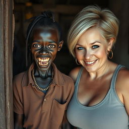 Inside an old shanty, a young, very short, malnourished African woman, about 20 years old with very dark skin, presents a sinister look, showing rotten and monstrous teeth along with bulging eyes