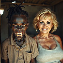 Inside an old shanty, a young, very short, malnourished African woman, about 20 years old with very dark skin, presents a sinister look, showing rotten and monstrous teeth along with bulging eyes
