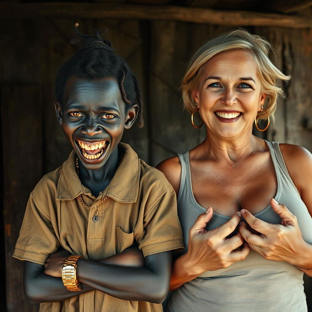 Inside an old shack, a young, very short, malnourished African woman around 20 years old stands, her very dark skin creating a menacing visage as she displays rotten, monstrous teeth and bulging eyes