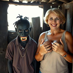 Inside an old shack, a young, very short, malnourished African woman around 20 years old stands, her very dark skin creating a menacing visage as she displays rotten, monstrous teeth and bulging eyes